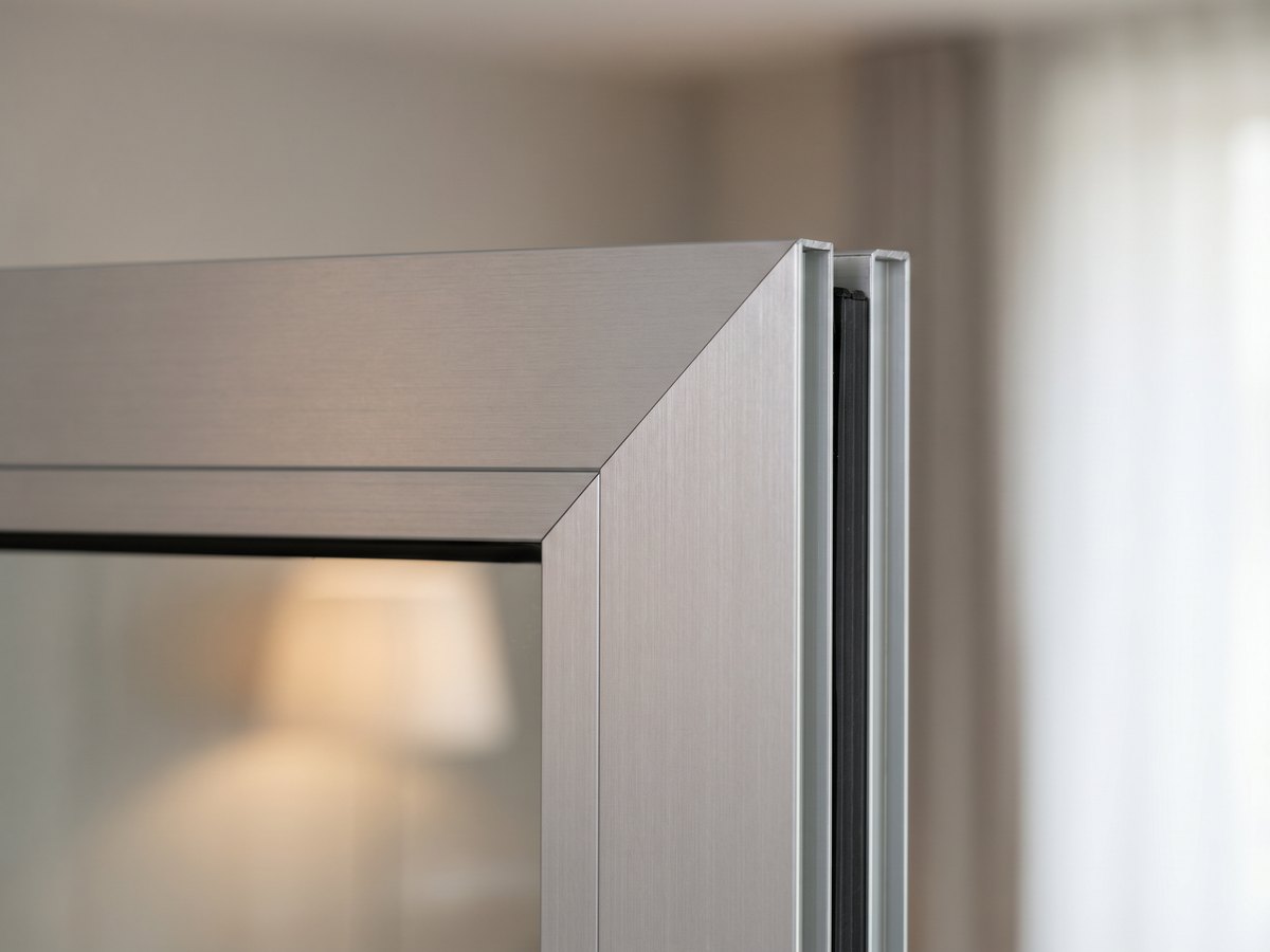 Przekrój szczeliny montażowej okna aluminiowego z widocznymi trzema warstwami uszczelnienia: zewnętrzna membrana paroprzepuszczalna, pianka termoizolacyjna i wewnętrzna taśma butylowa paroszczelna