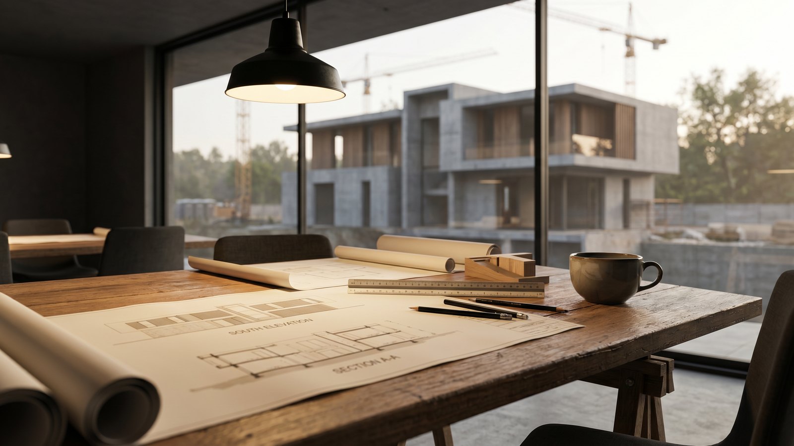 Stół kreślarski architekta z rysunkami przekrojowymi, lampa wisząca, willa w budowie w tle