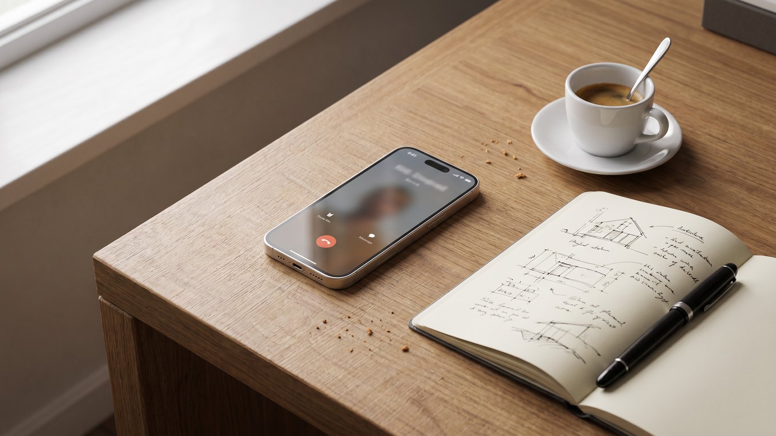 iPhone w trakcie rozmowy na dębowym biurku, obok notatnik i filiżanka espresso
