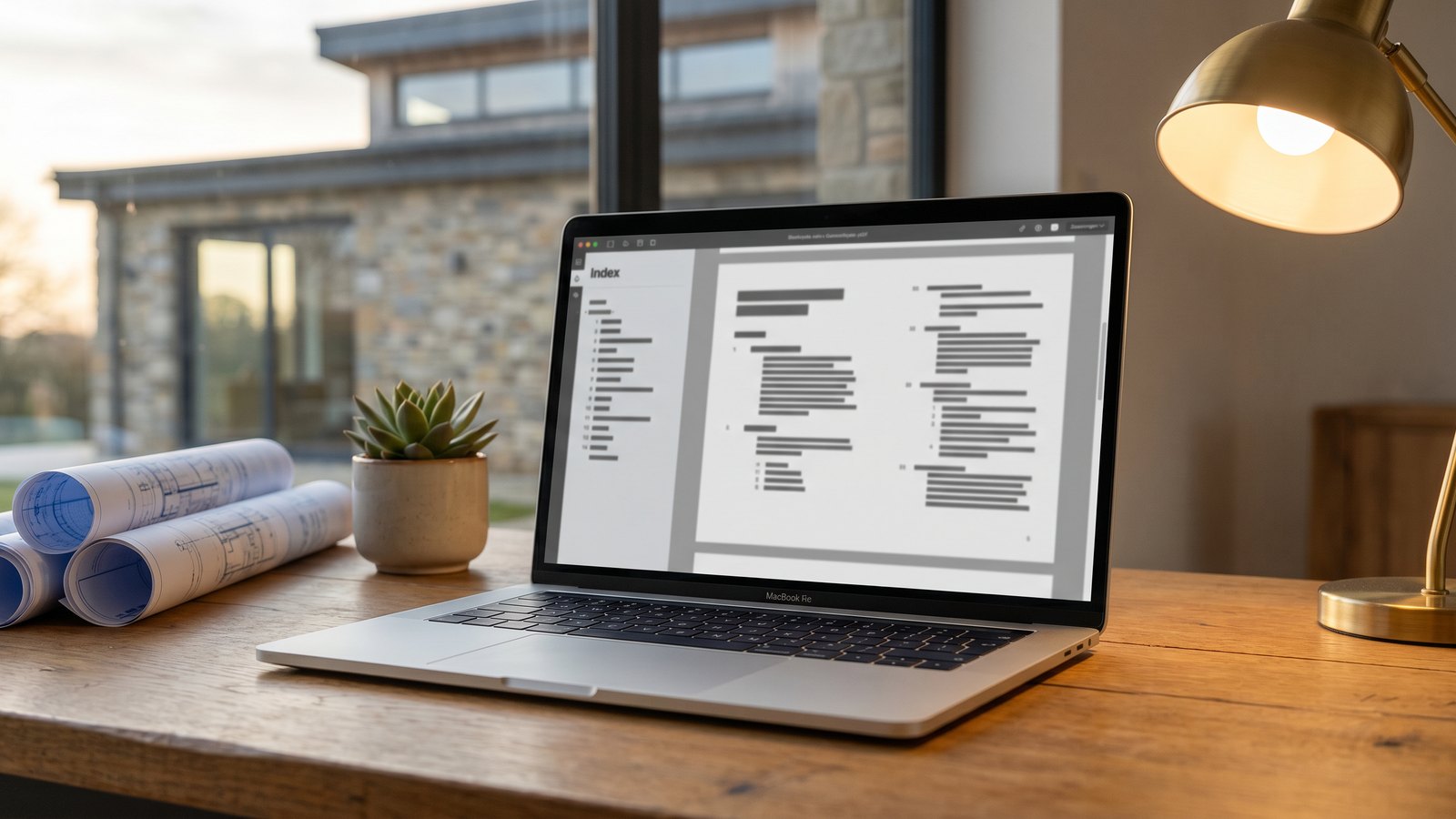 MacBook na dębowym biurku z otwartym protokołem audytu w PDF, rysunki techniczne obok