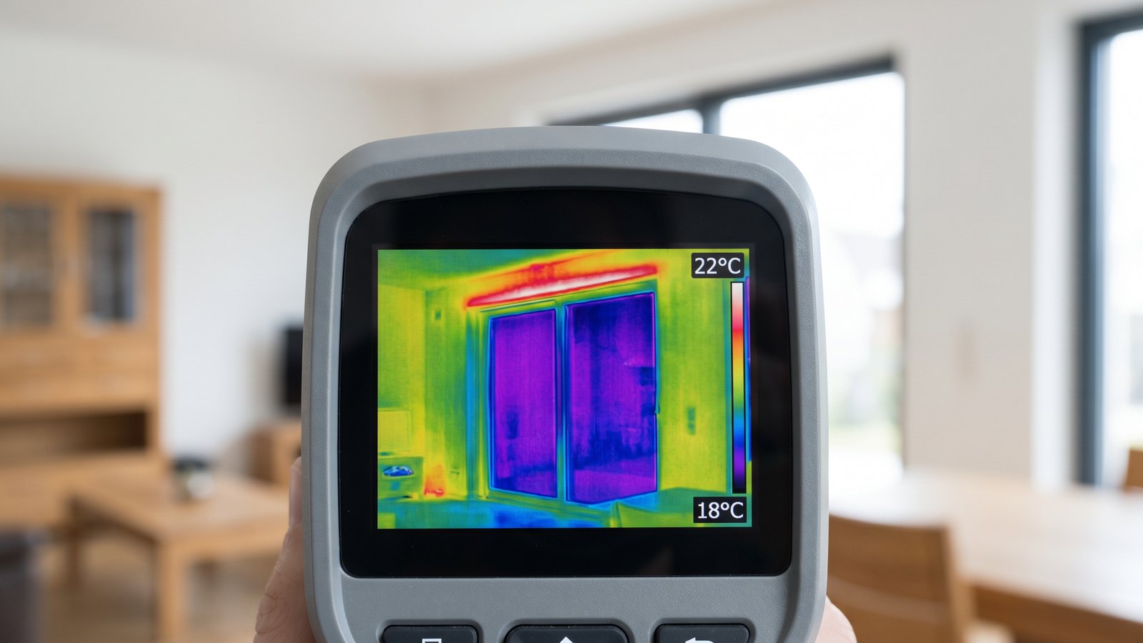 Ekran kamery termowizyjnej FLIR pokazujący mostek termiczny w oknie, skala 18–22°C