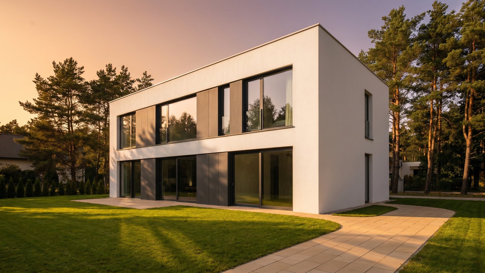 Nowoczesna willa w stylu skandynawskim, fasada z antracytowymi profilami aluminiowymi, złota godzina