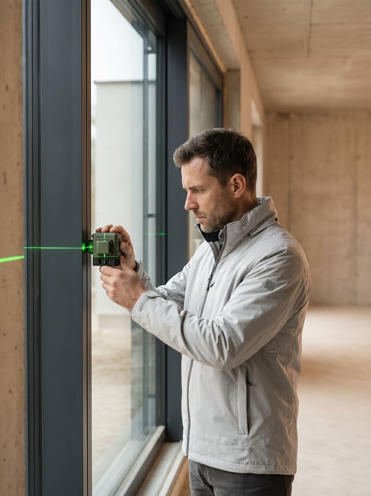 Inspektor budowlany przykłada liniał laserowy do ościeżnicy okna aluminiowego w willi w trakcie technicznego odbioru montażu stolarki premium