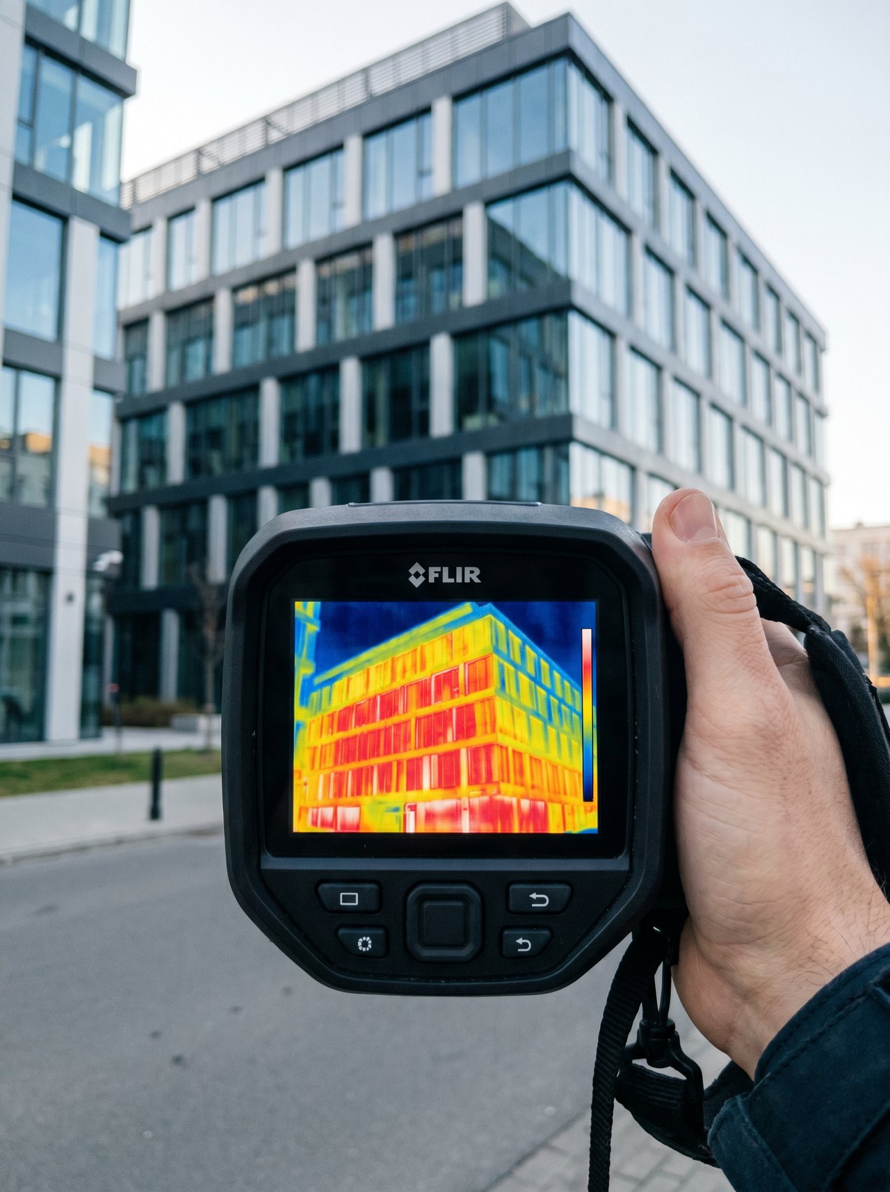 Termogram fasady biurowca w gradiencie czerwono-żółto-niebieskim widoczny na ekranie kamery FLIR trzymanej przez audytora, w tle realna fasada biurowca klasy A z curtain wall Aluprof MB-SR50