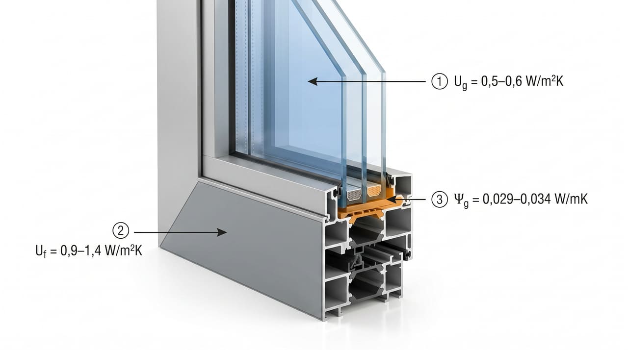 Diagram przekroju trzyszybowego okna aluminiowego premium z oznaczonymi strefami termicznymi Ug pakietu szybowego, Uf profilu ramy aluminiowej i liniowym współczynnikiem Psi na krawędzi ramki dystansowej warm-edge