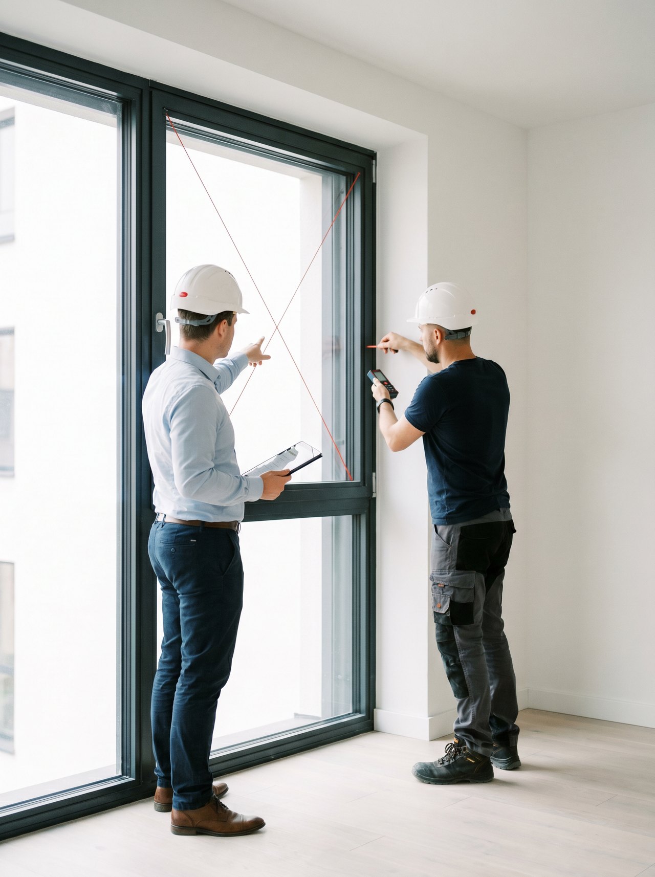 Dwóch inżynierów z kaskami — przedstawiciel dewelopera i generalnego wykonawcy — przy oknie aluminiowym Schüco AWS w nowoczesnym apartamencie premium w trakcie odbioru, jeden z protokołem na tablecie, drugi z laserem do pomiaru przekątnych