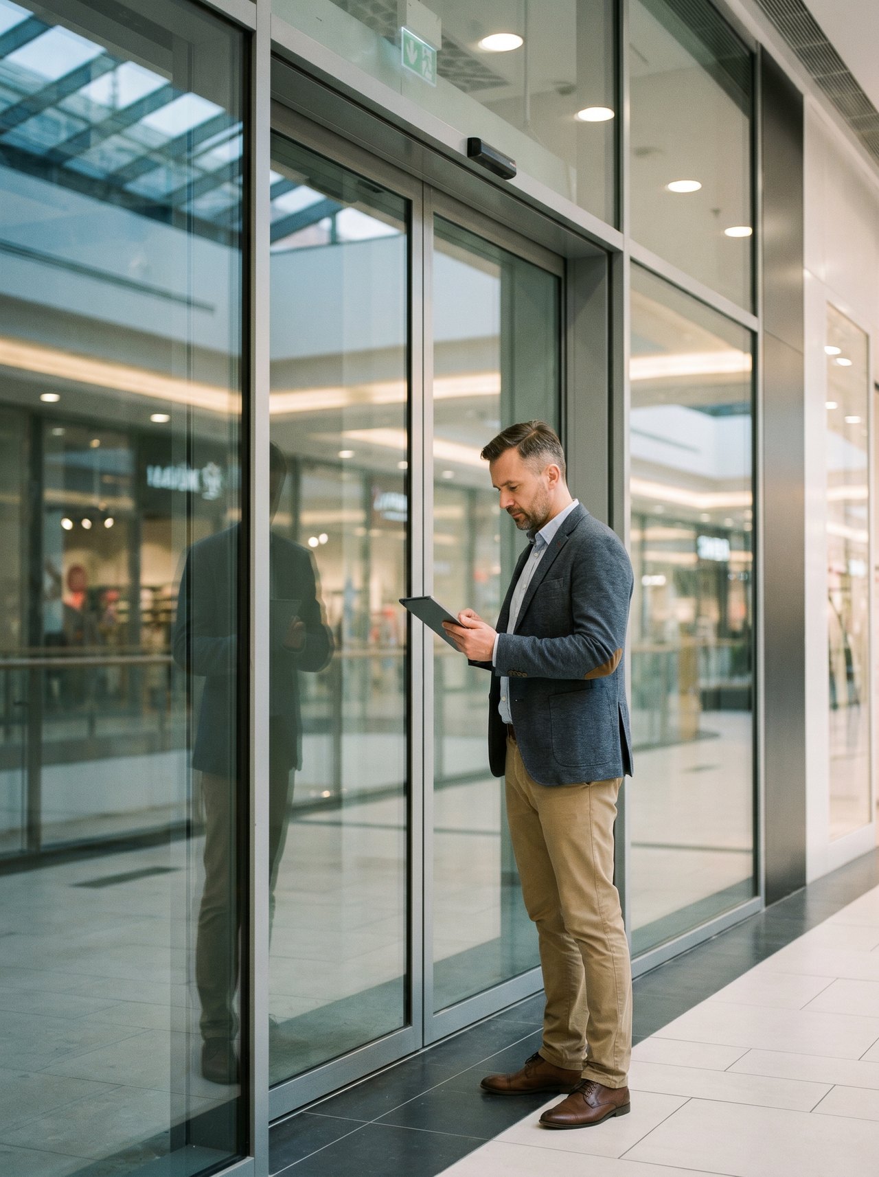 Project manager retail w smart casual z tabletem inspekuje nowo zamontowaną witrynę sklepową aluminiową w pasażu galerii handlowej premium, drzwi automatyczne ze szkłem bezpiecznym, refleksy świateł pasażu