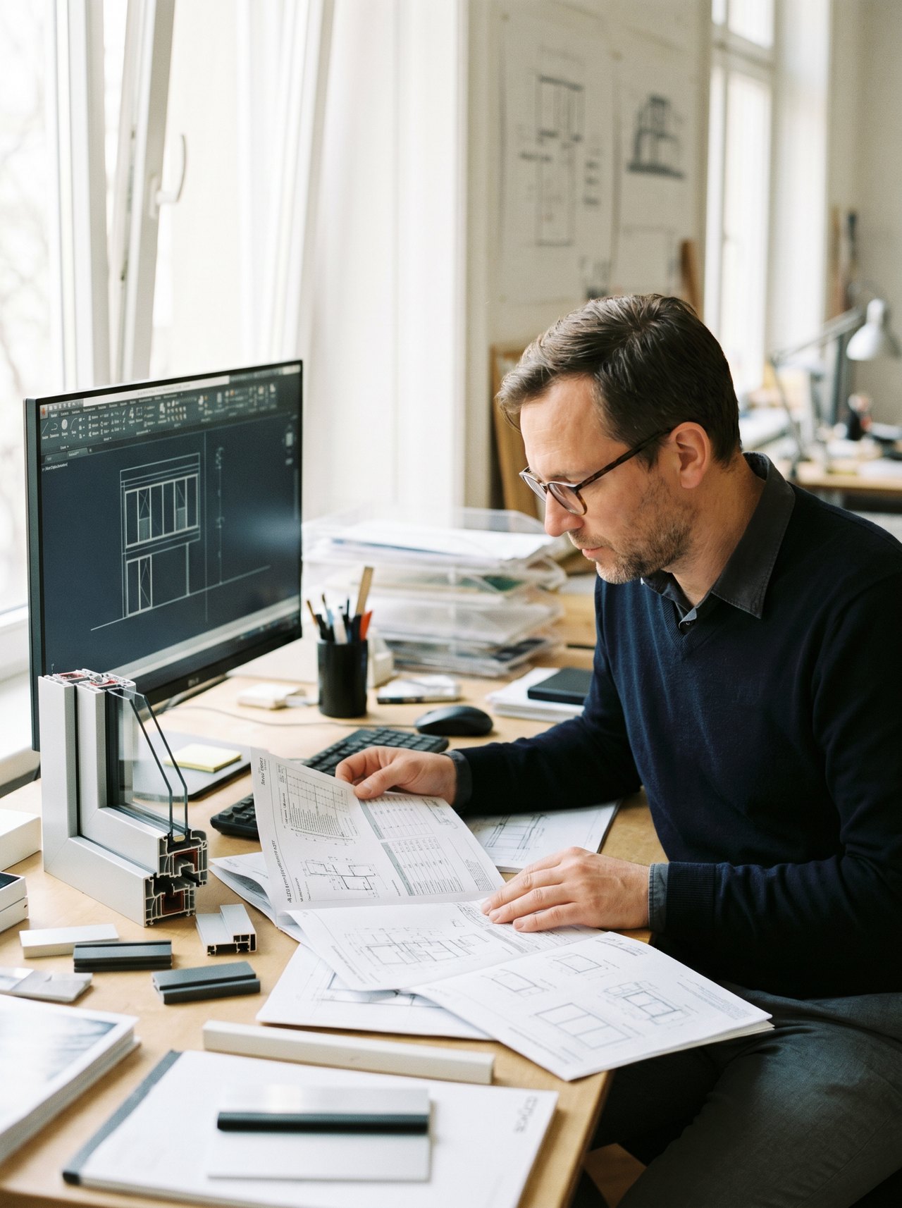 Architekt w okularach przy biurku w studio architektonicznym z rozłożoną specyfikacją stolarki aluminiowej (parametry Uw, klasy szczelności, system), próbkami profili Schüco, monitorem z rysunkiem CAD elewacji