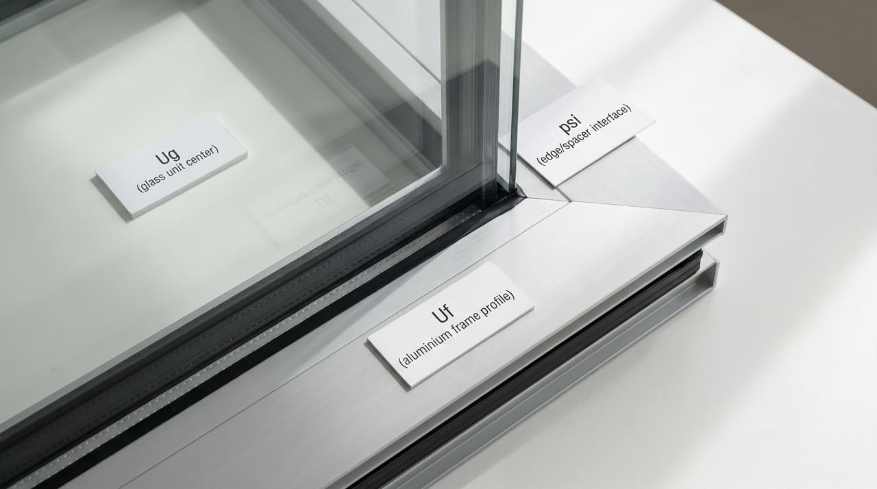 Przekrój profilu okna aluminiowego premium z oznaczonymi strefami termicznymi Ug pakietu szybowego, Uf ramy ościeżnicy i liniowym współczynnikiem psi na krawędzi szyby