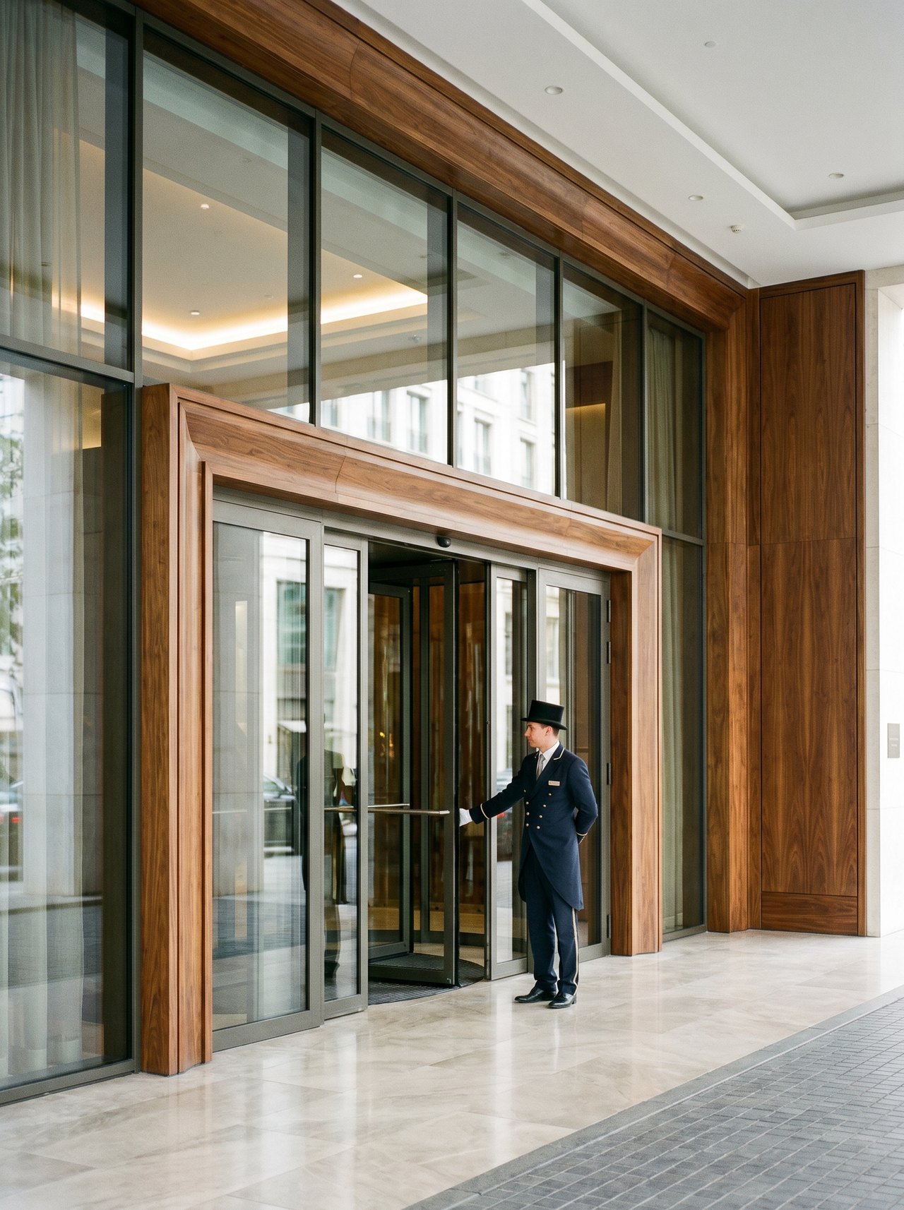 Reprezentacyjne wejście hotelu 5-gwiazdkowego z dużymi przeszkleniami aluminiowymi Schüco FWS, drewnianymi panelami orzechowymi, marmurową posadzką, konsjerż w mundurze otwiera drzwi