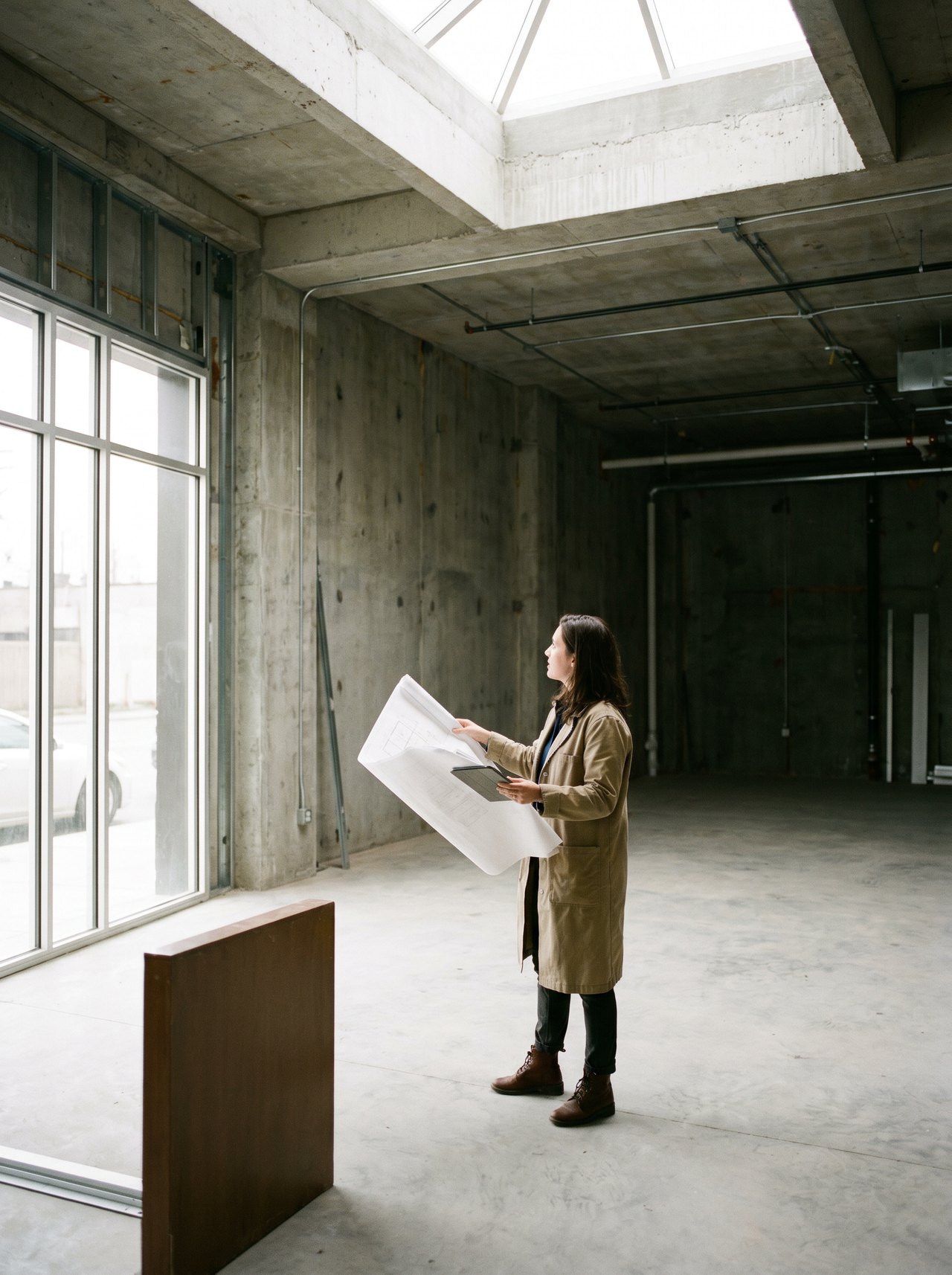Architekt retail z planami i tabletem stoi w pustym lokalu handlowym tuż przed montażem witryny aluminiowej w nowoczesnej galerii handlowej premium, surowe wnętrze przygotowane do fit-outu, mleczne światło dzienne z świetlika
